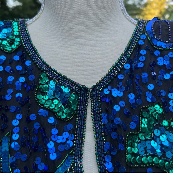 Vintage Laurence Kazar full Sequin and Beaded Blue and Green Silk Blazer Jacket - Picture 7 of 17
